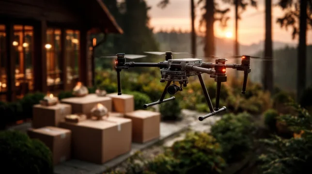 Drone Delivering Boxes to House at Sunset