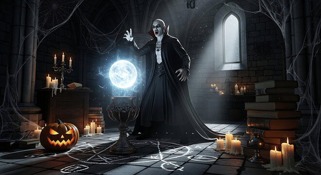 Vampire with glowing orb, jack-o'-lantern, and candles in dark room