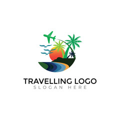 Tropical Adventure Travel Logo with Airplane, Mountains, and Sunset