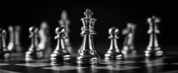 The Silver Chess King Surrounded by Strategic Game Pieces on a Dark Board.