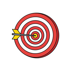Perfect Bullseye Target Hit. An illustration of an arrow striking the precise center of a round aiming board, symbolizing accuracy, accomplishment, and achieving goals. Ideal for success concepts.