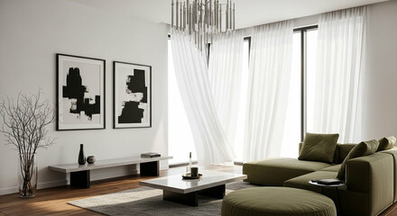 Olive sectional sofa with curtains, modern interior design