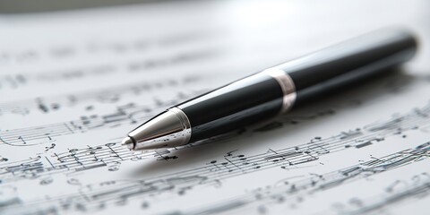The pen resting on a sheet of musical notes, embodying creativity and art.