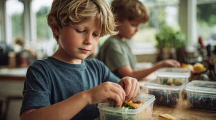 Two young boys preparing healthy meals in a bright kitchen. One boy has curly blond hair and is focused on packing vegetables. The other boy is in the background.