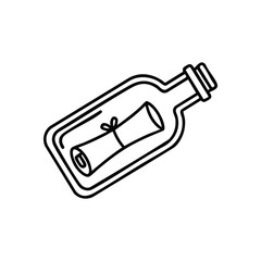 Hand Drawn Message in Bottle. Discover a forgotten parchment within a glass vessel. This simple sketch conveys distant hope and adventurous discovery.