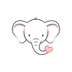 Cute Elephant with Pink Heart Icon. An adorable creature illustration showcasing a friendly face with large ears, expressing devotion through a sweet blush emblem on its trunk.