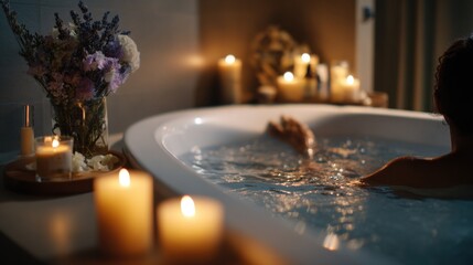 A serene bathroom scene with a person relaxing in a bathtub filled with water. Candles and flowers create a calming atmosphere.