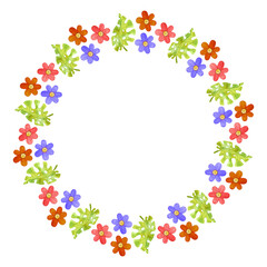 Round summer frame with bright flowers and tropical plants. Watercolor illustration of colorful plants is suitable for design, printing, cards