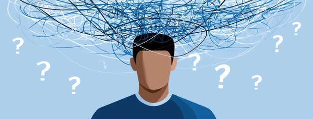 Confusion and uncertainty represented by a person with tangled thoughts surrounded by question marks