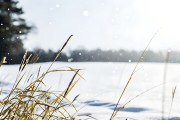 Winter Landscape with Snow-Covered Field and Grass Stalks