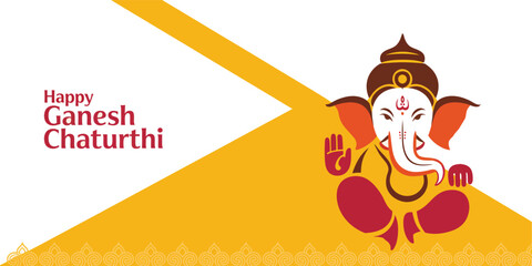 Happy Ganesh Chaturthi greeting card featuring stylized red-yellow Lord Ganesha illustration on yellow background with red festive typography
