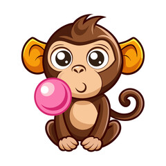 Playful Monkey Blowing Huge Bubblegum Bubble About to Pop — Cute Cartoon Vector Illustration for Kids and Fun Designs