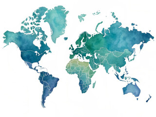 Fototapeta premium Watercolor World Map with Blue and Green Tones on White Background teal