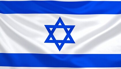 Israeli flag with white background, two horizontal blue stripes, and central blue Star of David.