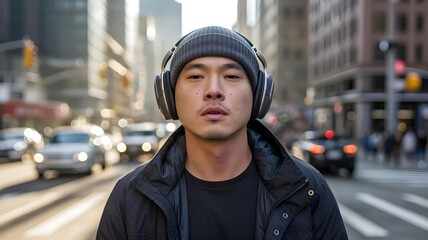 Autistic asian adult man with black headphones in busy winter city street coping with sensory overload autism ADHD spectrum hypersensitivity neurodiversity inclusion awareness