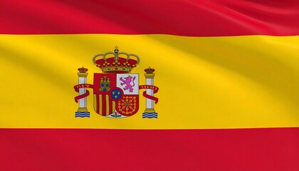 Obraz premium Spanish flag with red-yellow-red horizontal stripes and central coat of arms featuring crown, shield, and columns.
