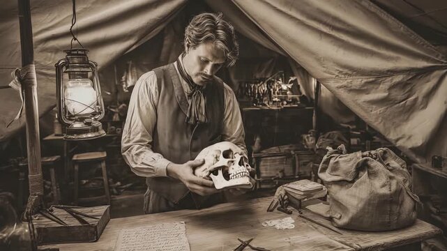 A Victorian scientist is diligently examining a skull while situated in a tent