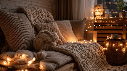 A warm-toned corner vignette with throws and string lights