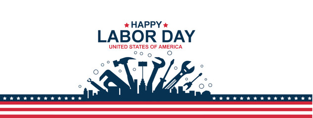 Happy Labor Day USA greeting card featuring bold text, red-white-blue background, and silhouetted tools symbolizing American workforce tribute