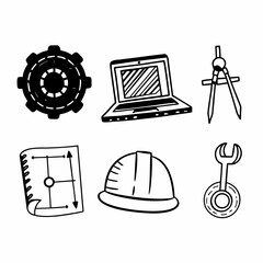 Hand drawn engineering and construction tools and equipment isolated on white background