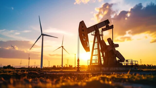 Oil pump jack and wind turbines at sunset (1)