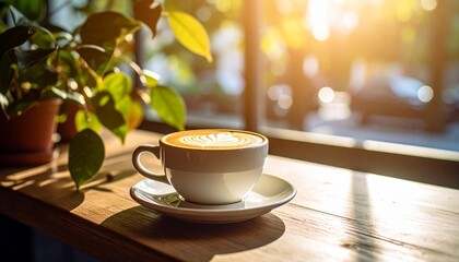 Obraz premium Latte in white cup with leaf-shaped foam art on wooden table near sunlit window and green plant.