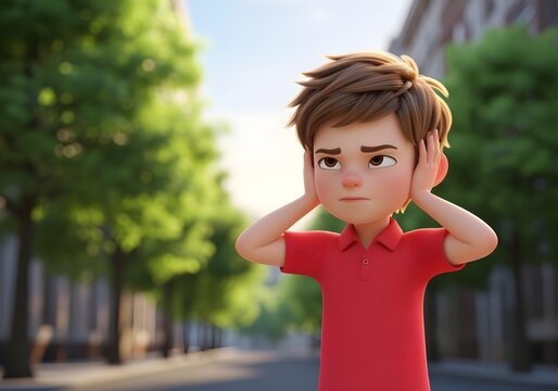 3D illustration autistic child boy covering ears outdoors showing sensory overload autism ADHD spectrum hypersensitivity meltdown neurodiversity awareness inclusion