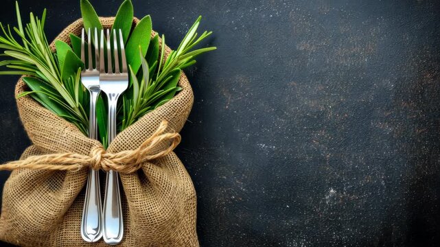 Cutlery is elegantly wrapped in burlap along with fresh herbs, creating a charming and rustic dining setup perfect for any meal