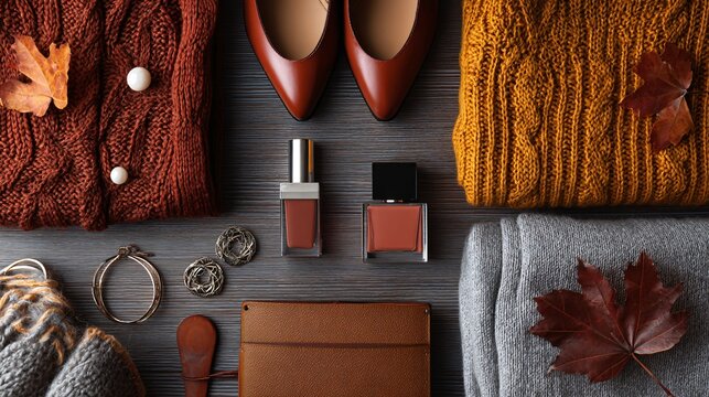 Fall fashion styling flat lay with textures and accessories included