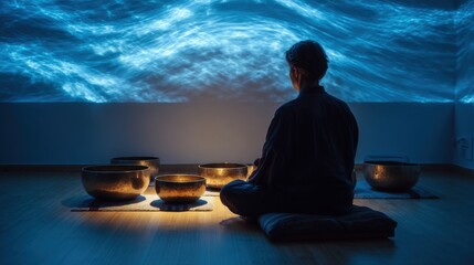 A young Asian man sits cross-legged on a mat, meditating in a serene room. He is surrounded by singing bowls, with a calming blue light projected on the wall.