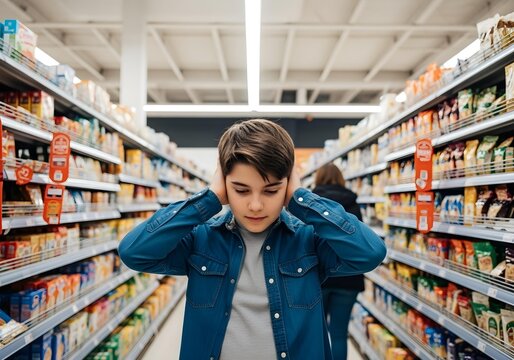 Autistic child boy wearing headphones in supermarket managing sensory overload autism ADHD spectrum hypersensitivity meltdown neurodiversity awareness