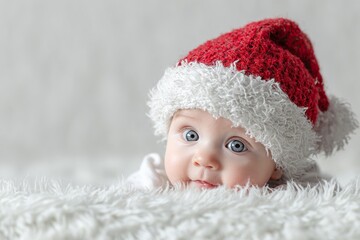 Baby in Santa Hat on Fluffy Blanket. Winter Holiday Season Greetings.