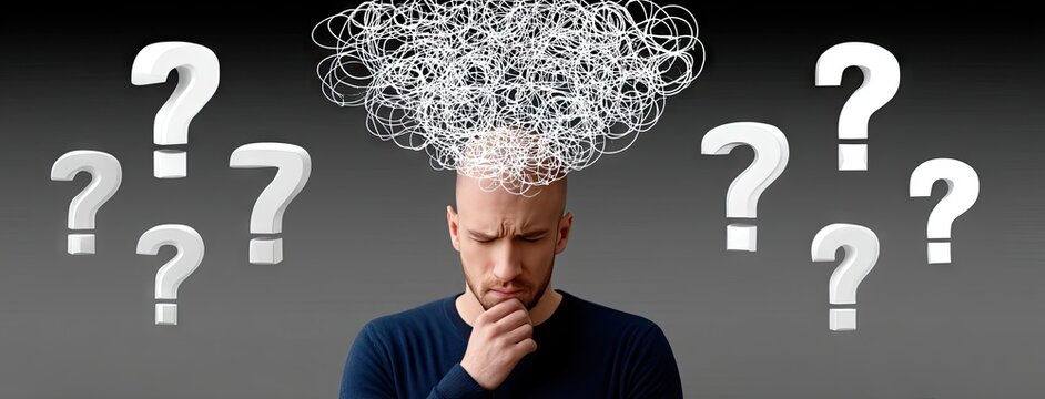 Thoughtful man with confusion and uncertainty expressed through swirling thoughts and question marks