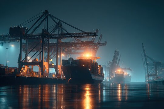 Cargo ships docked at a port illuminated at night with industrial cranes.