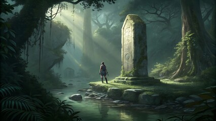 an ancient glowing monolith floats above a mossy