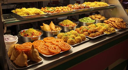Fototapeta premium Variety of Delicious Indian Snacks Displayed in a Showcase at a Street Food Stall