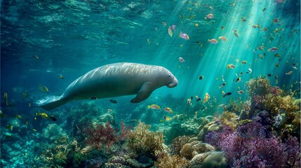Dugong swimming near a coral reef with tropical fish around sunlight filtering through turquoise water