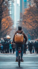 A bicyclist rides through a bustling city street, surrounded by autumn foliage and pedestrians