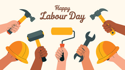Happy Labour Day illustration featuring raised hands holding tools and hard hats, symbolizing worker unity and celebration of Canadian workforce
