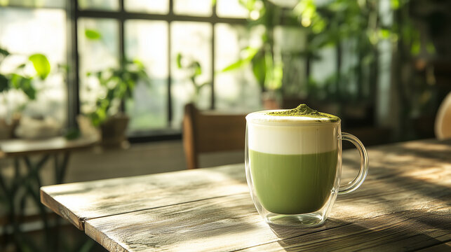 透明グラスに注がれた抹茶ラテ/Matcha latte in a transparent glass mug