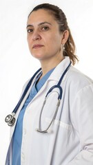 A determined female doctor in her pristine white coat ready to provide compassionate care on bright