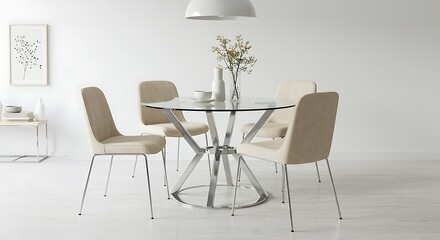 modern dining room white dining space, round glass table, chrome base, mid century chairs, soft light