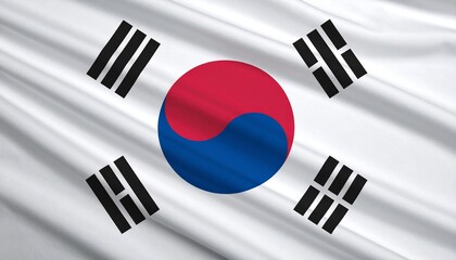 Flag of South Korea with central red and blue Taegeuk symbol and four black trigrams on a white field.