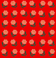 Fototapeta premium Seamless Pattern of Delicate Coral Flowers with Green Leaves on a Vibrant Red Background