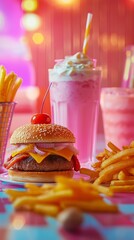 A colorful burger with cheese, fries, and a pink milkshake topped with a cherry