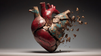 Anatomical heart exploding into fragments symbolizing heartbreak and emotional pain