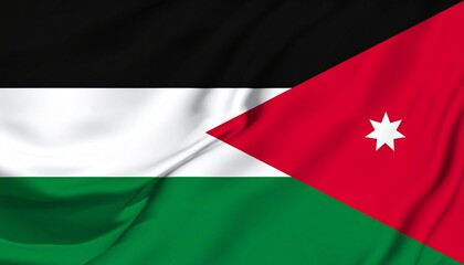 Obraz premium Flag of Jordan with black, white, and green stripes and a red triangle featuring a white seven-pointed star.