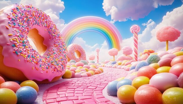 Whimsical Pink Donut with Sprinkles, Rainbow Backdrop and Pastel Candy Scenery