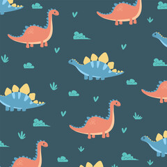 dinosaur brontosaurus and stegosaurus seamless pattern cartoon vector design for kids apparel fullprint fabric