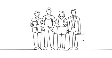 Labor Day illustration featuring clean line art of diverse professionals including healthcare workers, technician with wrench, and businessperson